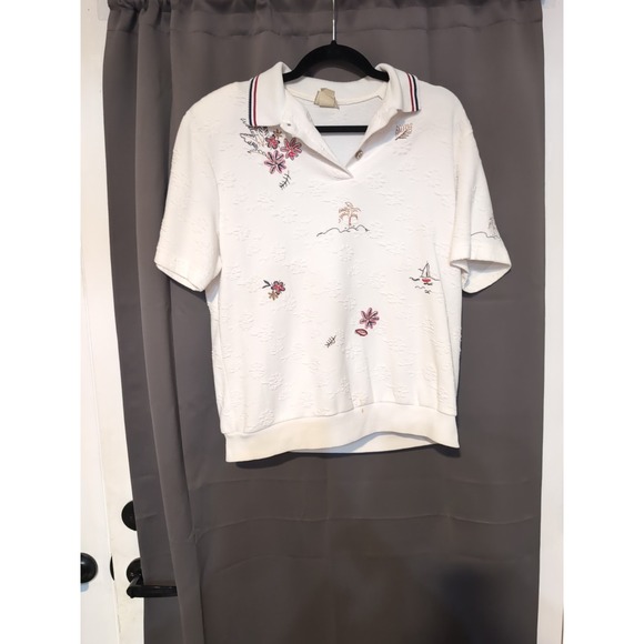 Teddi Sport Large Sailing Polo Blouse, Embroidered Floral, Classic Top, USA Made - Picture 1 of 9